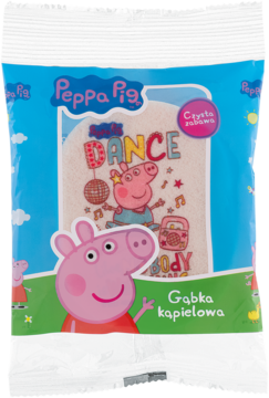 Peppa Pig gąbka kąpielowa w niebieskim opakowaniu z tańczącą Peppą i dyskotekową kulą, widok z przodu.