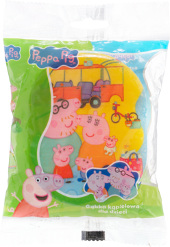 Gąbka kąpielowa dla dzieci Świnka Peppa w przezroczystym worku, z postaciami Peppy i rodziny na zielonym tle.