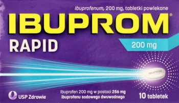 Fioletowe opakowanie leku Ibuprom Rapid 200 mg na ból i gorączkę. Widok z przodu, z niebieskimi promieniami.