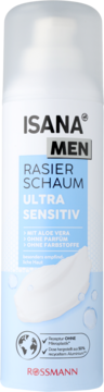 Isana Men Ultra Sensitiv pianka do golenia dla wrażliwej skóry, biała butelka, bez mikroplastiku, widok z przodu.