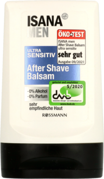 Biała butelka balsamu ISANA MEN Ultra Sensitiv po goleniu, 0% alkoholu i perfum, widok z przodu.