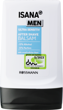 Isana Men Ultra Sensitiv balsam po goleniu, 0% alkoholu i perfum, dla skóry wrażliwej, biała butelka, przód.