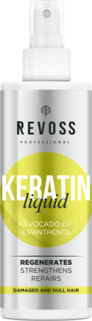 Revoss Professional Keratin Liquid spray for damaged hair, silver bottle with yellow-white label, front view.