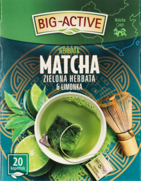 Big-Active Herbata Matcha zielona herbata z limonką, 20 torebek, zielone opakowanie z grafiką filiżanki.