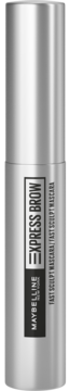 Srebrna, metaliczna maskara Maybelline New York Xpress Brow, pionowo, z etykietą i białym napisem.