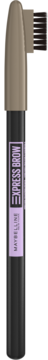 Maybelline Express Brow Shaping Pencil, szara kredka z fioletową etykietą, widoczna beżowa nakrętka i szczoteczka.
