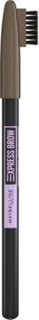 Maybelline Express Brow Shaping Pencil, czarny z brązową nasadką, fioletowa etykieta i widoczna szczoteczka.