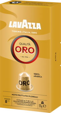 Złote opakowanie kawy Lavazza Qualita Oro, 100% Arabica, intensywność 8/13, kapsułki Nespresso.