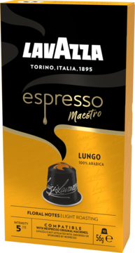 Lavazza Espresso Maestro, złote opakowanie kapsułek Lungo 100% Arabica, intensywność 5, widok z przodu.