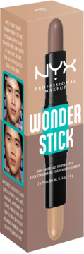 NYX Wonder Stick, dwustronny sztyft do konturowania w czarnej oprawce, wystający z beżowego pudełka.