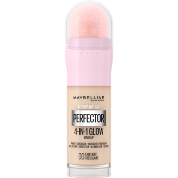 Maybelline Instant Perfector 4-in-1 Glow Makeup 00 Fair Light, beżowy, z różowym aplikatorem, widok z przodu.