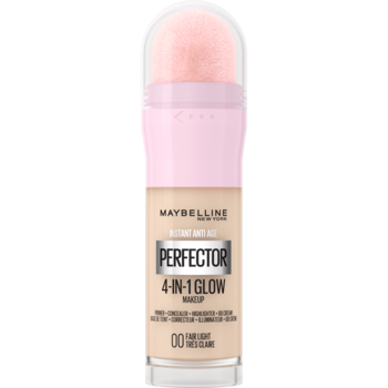 Maybelline Instant Perfector 4-in-1 Glow Makeup 00 Fair Light, beżowy, z różowym aplikatorem, widok z przodu.