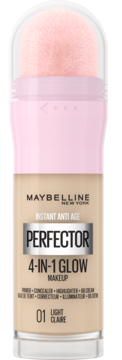 Maybelline Instant Anti Age Perfector 4-in-1 Glow 01 Light Claire, bottle with pink sponge applicator.