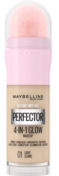 Maybelline Instant Anti Age Perfector 4-in-1 Glow 01 Light Claire, bottle with pink sponge applicator.
