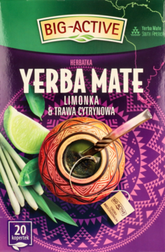 Big-Active Yerba Mate Limonka i Trawa Cytrynowa, herbata, fioletowe opakowanie z grafiką naczynia i limonek.