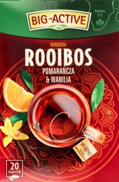 Czerwono-zielone opakowanie herbatki Big-Active Rooibos z pomarańczą i wanilią, z ilustracją kubka.