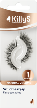 KillyS sztuczne rzęsy Natural Volume, 1 para, w białym opakowaniu z różowo-złotymi detalami, widok z przodu.
