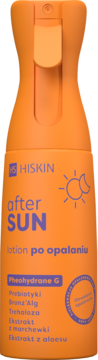 Pomarańczowy HiSkin After Sun Lotion, spray po opalaniu z Pheohydrane G, widok frontalny butelki z atomizerem.
