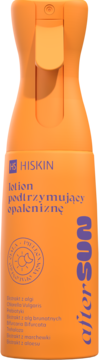 Pomarańczowa butelka HiSkin After Sun lotion utrwalający opaleniznę, widok z przodu, z atomizerem.