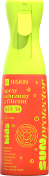 Neonowo-żółty spray HiSkin Kids SPF 50 z czerwoną etykietą i napisem SUNprotector, widok z przodu.