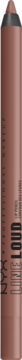Cylindryczny Line Loud Lip Liner w metalicznym, brązowo-złotym opakowaniu z gradientem, pionowy widok.