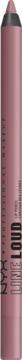 Metaliczny Line Loud Lip Liner w pionie, lśniąca obudowa w odcieniu zgaszonego różu, z rozmytymi napisami.