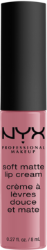 NYX Professional Makeup Soft Matte Lip Cream w różowym opakowaniu z czarną nakrętką, widok z przodu.