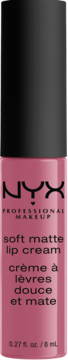 NYX Soft Matte Lip Cream w różowej tubce z czarną nakrętką, widok z przodu. Matowy różowy błyszczyk.
