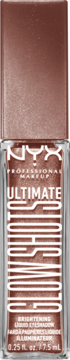 NYX Ultimate Glow Shots rozświetlający cień w płynie, brązowy, w przezroczystej butelce, widok z przodu.