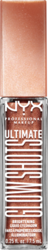 NYX Ultimate Glow Shots Brightening Liquid Eyeshadow, błyszczący miedziano-złoty, w przezroczystej butelce, widok z przodu.