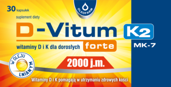D-Vitum K2 forte 2000 j.m., 30 kapsułek, suplement D+K, w oleju lnianym. Żółto-niebieskie opakowanie, widok z przodu.