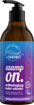 Szampon OnlyBio Hair in Balance ochładzający kolor włosów, brązowa butelka z pompką, widok z przodu.