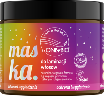 Wegańska maska do laminacji włosów OnlyBio Hair in Balance w tęczowym słoiku, ochrona i wygładzenie.
