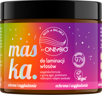 Kolorowa maska OnlyBio Hair in Balance do laminacji włosów w brązowym słoiczku, z wegańską formułą. Wygładza i nabłyszcza.