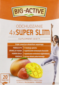 Biało-pomarańczowe opakowanie herbatki BIG-ACTIVE 4xSUPER SLIM truskawka mango, z joginką.