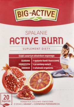 BIG-ACTIVE Active Burn herbatka na spalanie, opakowanie z granatem, pomarańczą i joginką, widok przodu.