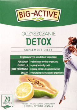 Zielono-białe opakowanie herbaty Big-Active Detox cytryna-papaja, 20 saszetek, widok z przodu.