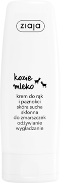 Biała tubka kremu Ziaja Kozie Mleko do rąk i paznokci dla skóry suchej, przeciw zmarszczkom, widok z przodu.