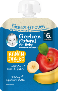 Niebieska tubka Gerber Natural Banan Jabłko, przecier dla niemowląt po 6. miesiącu, widok z przodu.