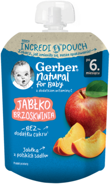 Saszetka Gerber Natural Jabłko Brzoskwinia dla niemowląt 6m+, kremowa, z grafiką owoców i napisem bez cukru.