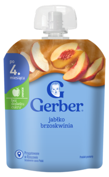 Gerber mus jabłko brzoskwinia w błękitnej tubce, przód z owocami i logo, po 4. miesiącu, bez cukru.