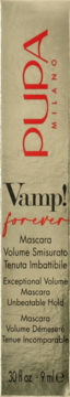 PUPA Vamp! Forever Mascara, beżowe, podłużne pudełko z czerwonym logo i czarnym tekstem o wyjątkowej objętości.