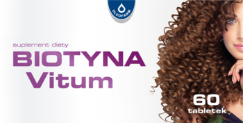 Suplement Biotyna Vitum, białe opakowanie z fioletowym napisem, kobieta z burzą kręconych włosów, 60 tabletek.