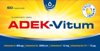 Suplement ADEK-Vitum w ų3ałto-niebieskim opakowaniu, przód kartonika, z informacjami o witaminach A, D3, E, K2.