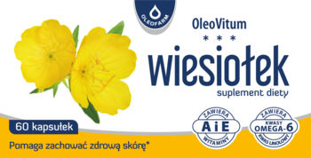 Białe opakowanie OleoVitum Wiesiołek suplement diety z żółtymi kwiatami, 60 kapsułek, Omega-6 i witaminą A+E.