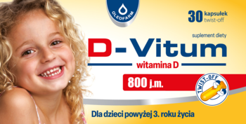 Frontowe opakowanie D-Vitum Witamina D 800 j.m., 30 kapsułek, suplement dla dzieci. Obok uśmiechnięta dziewczynka.