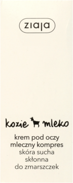 Ziaja Kozie Mleko krem pod oczy w beżowym opakowaniu z czarnym napisem i rysunkiem kozy, widok z przodu.