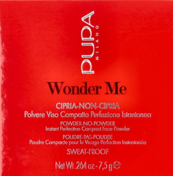 Czerwone pudełko PUPA Wonder Me Instant Perfection Compact Face Powder, widok z przodu, białe i czarne napisy.