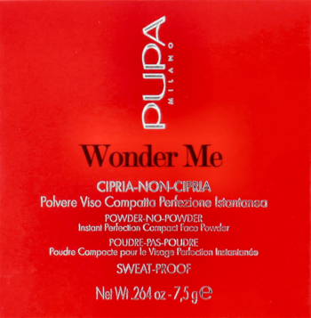 PUPA Wonder Me Powder No-Powder w czerwonym kartoniku, matujący puder do twarzy odporny na pot, widok z przodu.