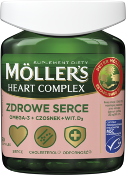 Möller's Heart Complex, ciemnozielona butelka, front, suplement diety na serce z Omega-3, czosnkiem, wit. D3.